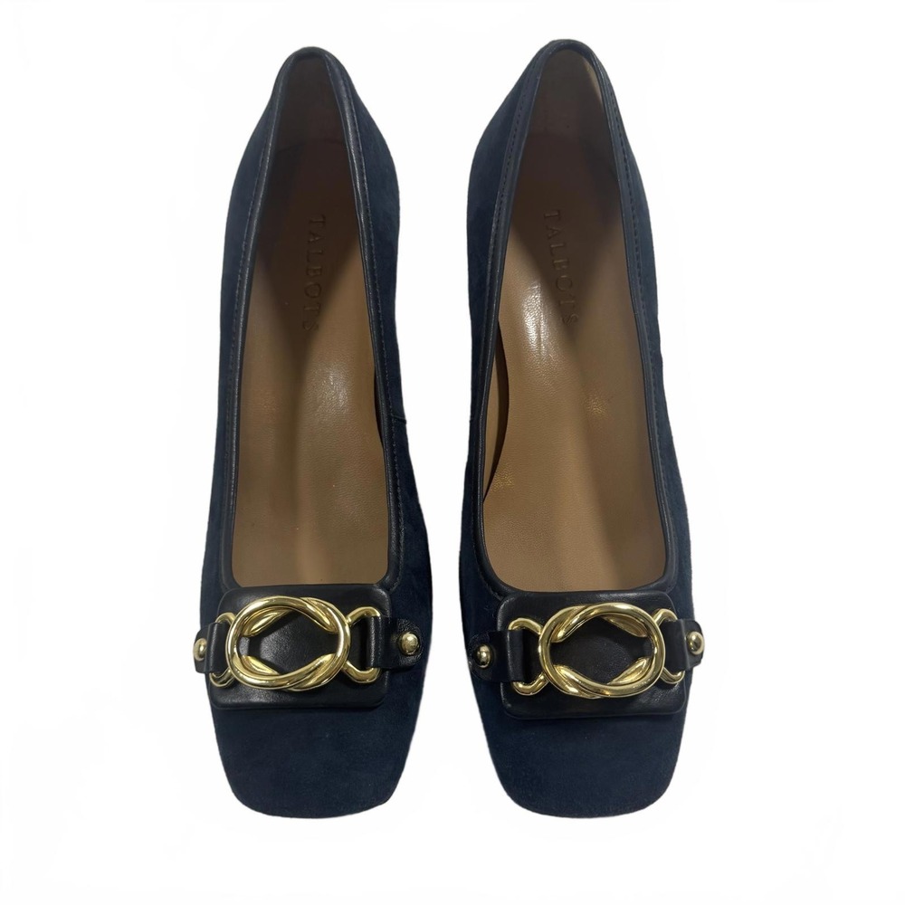 Talbots Women's Size 7.5 Navy Suede Block Heel with Gold Accents